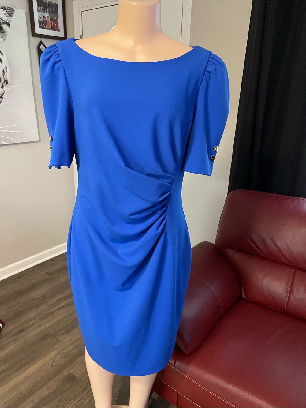 DKNY Elegant Royal Blue Draped Sheath Dress puff sleeve scuba size 14 graduation